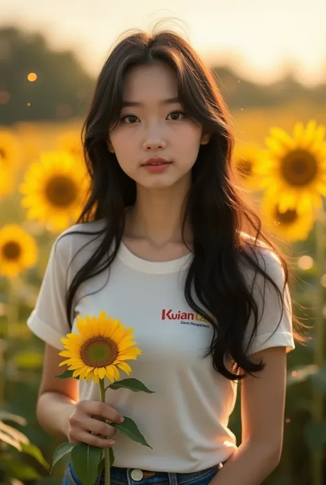 1 girl, Korean with beautiful skin, well-groomed face, flowers, roses, solo, outdoor, field, white short t-shirt, with Kuian Laaa name logo, holding, long black hair, sunflower field, Levis pants, realistic, smiling , brown eyes, black hair, long, looking ...