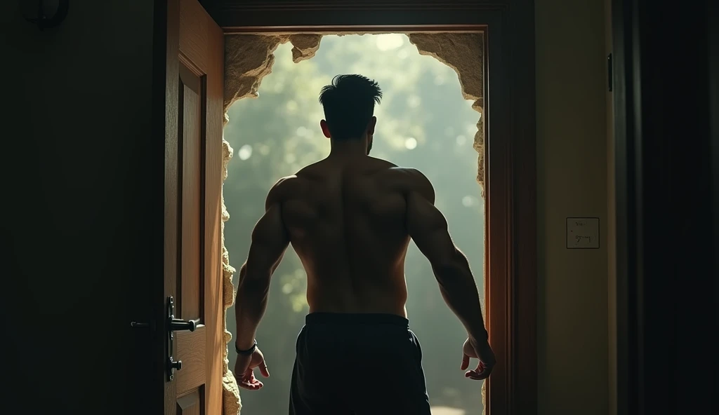 30 year Indian young handsome boy broke the door, back pose, cinematic scene, cinematic lighting, ultra realistic, hyper realistic, highly detailed image, Full HD image, --ar 16:9