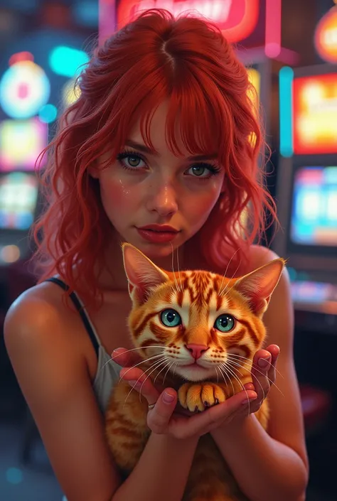 girl, red hair, sugar rush slots, with orange cat on her hands, oil shiny skin,  portrait, casino style