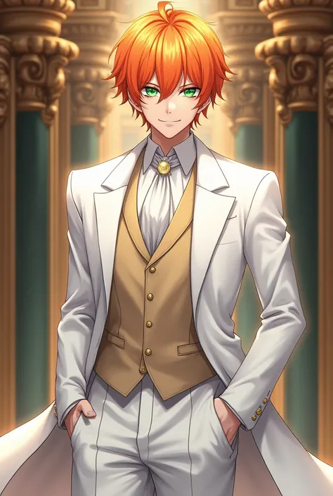 Male character in anime/manga style
He has orange hair, green eyes and wears an elegant white suit 
He is duke of the story. 