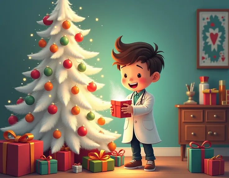 illustration of a white Christmas tree decorated with lots of green balls and red hearts and lots of lights , with a stethoscope at the tip with a Christmas ribbon ,  with many gifts at the base of the tree and a happy boy dressed as a doctor in his white ...