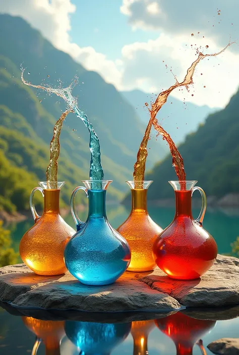 Fascinating cinematic photograph of four exquisitely designed jugs, each representing the elements "earth", "water", "air" and "fire". Each jug flows its elements into each other, respectively. The elements flowing from each cup create a mesmerizing and dy...