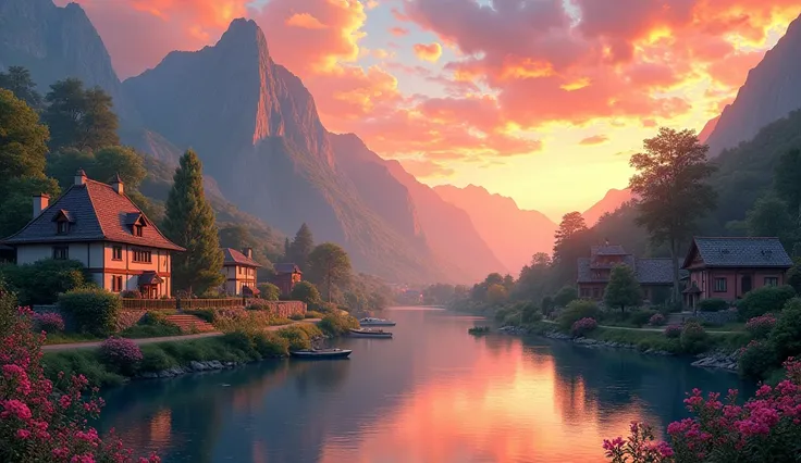 a small village by the river, mountains in the background, floral flowers colorful, detailed landscape, Beautiful natural landscapes, atmospheric lighting, scorching sunset, warm colours, practical, photopractical, Detailed Foliage, complex buildings, cobb...