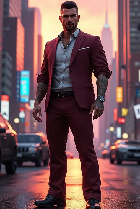 Create an image in the style of the GTA game create a 3D illustration featuring a handsome, realistic 34-year-old man, short black hair, trimmed beard, muscular, with tattoos, standing. The character must be wearing a burgundy suit and burgundy pants and s...