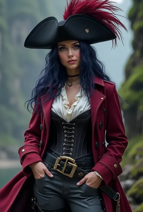 Beautiful, cunning and strong pirate Captain Arrah Kieran with medium length dark blue hair and purple eyes. She wears a big black Pirate captains hat with red and burgundy feathers. She is also wearing a Burgundy pirate trench coat, Black corset, grey pan...