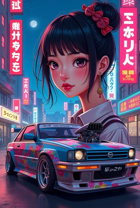 The name AngelDem on a tuning poster featuring a Japanese girl and a super-arranged 2005 Sentra stylo from the 80s 