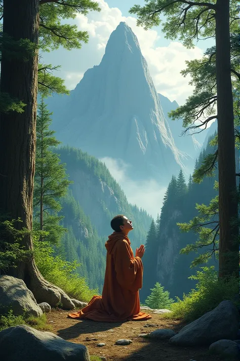 Kneeling person praying on the mountain to Jesus in the forest 