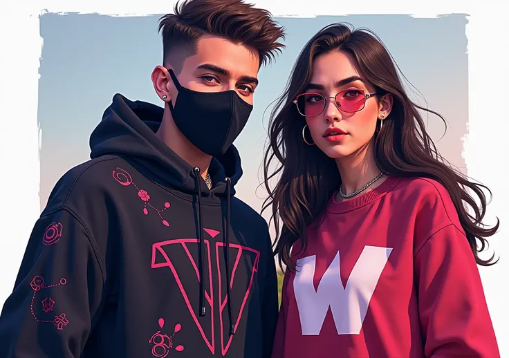 Alan Walker with a mask and a sweater ft Ana Grabriel with a sweater and with the logo of W cartoon