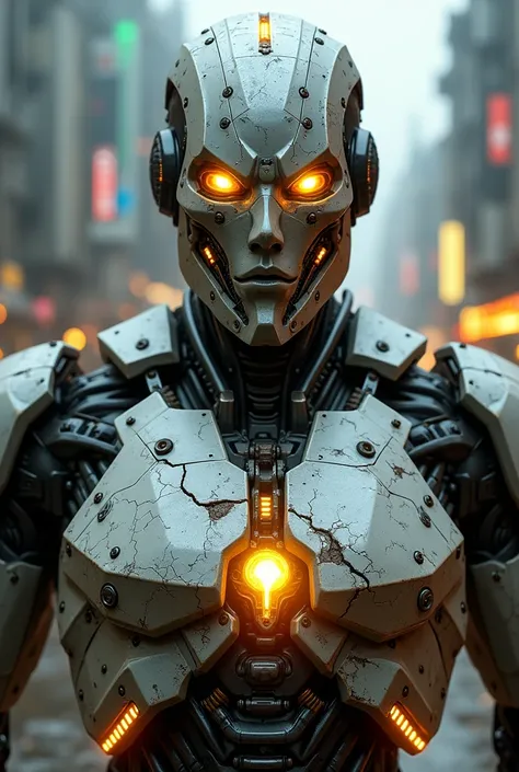 A highly detailed upper body and head view of an aggressive robot with a more battle-worn appearance, combining polished metal and carbon fiber components. The robot features angular and sharp facial design with glowing solar-yellow eyes, mechanical scars,...