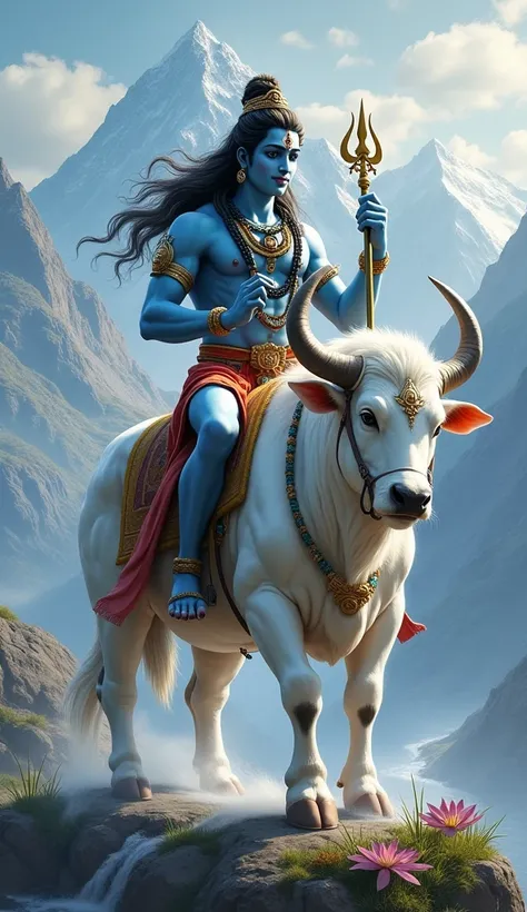 Depict Lord Shiva seated on a majestic white bull in a divine and tranquil mountain setting. The bull, symbolizing purity and strength, stands proudly with its head held high. Lord Shiva, with a serene expression, is adorned with a crescent moon on his hea...