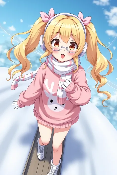 Anime girl with wavy blonde hair, two small heart-shaped ponytails ,  in white headphones with soft pink bows, white and pink striped scarf ,  white and pink striped gloves , white deer sweater all pink ,  in white socks ,  wearing white glasses with soft ...