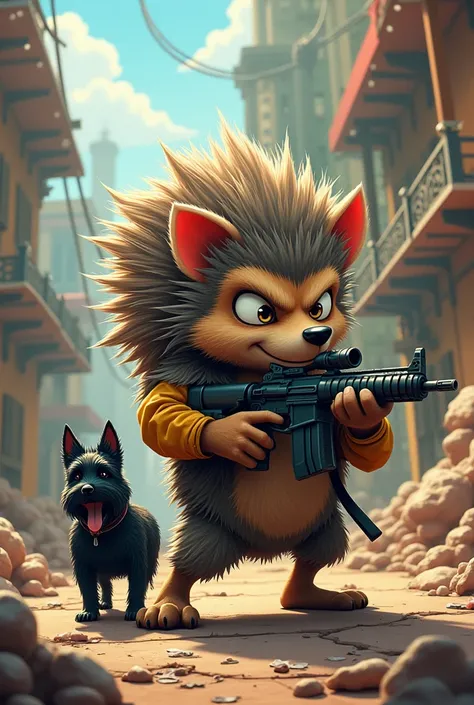 Crazy hedgehog with guns and an funny black schnauzer dog