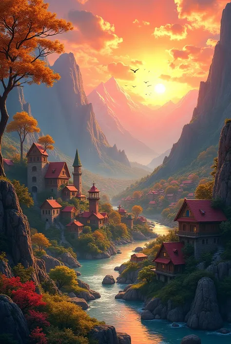 A mystical village nestled in a vast, emerald-green valley surrounded by towering mountains, their peaks cloaked in snow and glowing under a brilliant orange sunset. The houses, each with colorful roofs—some blue, some red—are scattered across the valley, ...