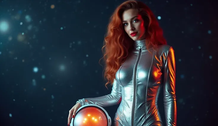 A beautifull big breast sexy astronaut with a high-waisted metallic silver spacesuit, holding a glowing space helmet. Her bold red lipstick and voluminous hair contrast against the glowing stars of deep space.