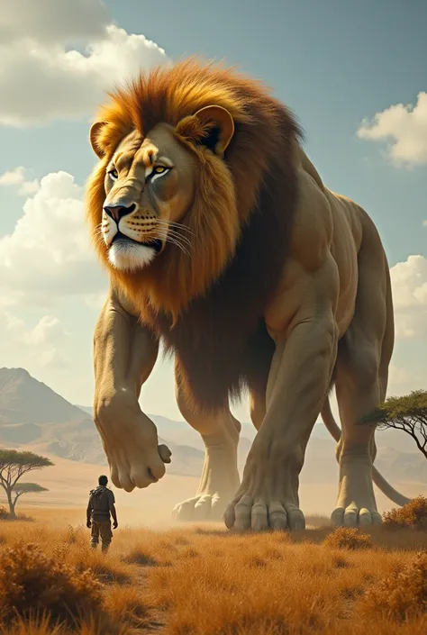 Create a giant muscular humanoid lion looking at Horizon with Africa 