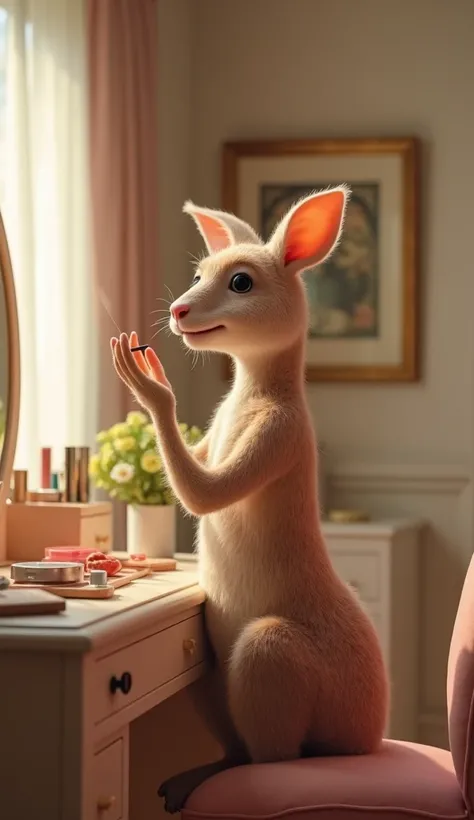 A hyper-realistic scene in a womens room with a female kangaroo in front of a dressing table putting on makeup. The scene captures a happy, carefree moment of the kangaroo, 
vertical 9:16