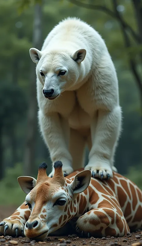 A poler bear orginal look stands on a tired giraffe. giraffe dwon and face injured. Giraffe original look and full body face front state. Background trees. 