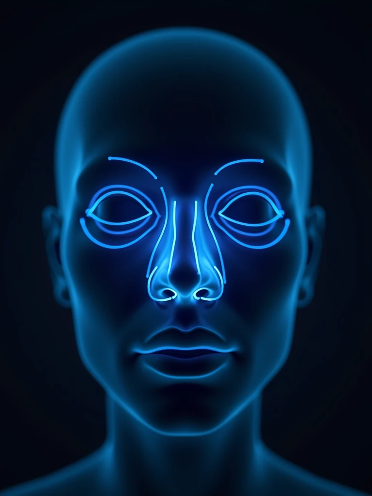 A stylized image of a human face with outlined anatomical features of the paranasal sinuses. The outlines highlight the frontal, ethmoid, maxillary, and sphenoid sinuses in a neon-like light blue color. The overall image has a dark background, and the faci...