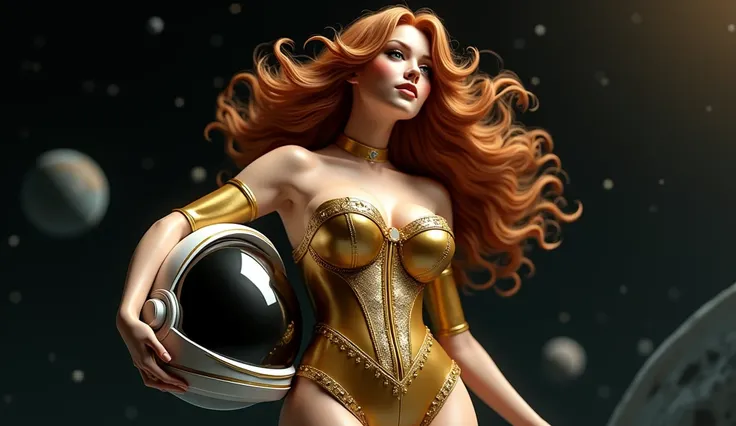 A beautifull big breast retro pin-up style astronaut in a gold corset jumpsuit, holding her space helmet while her wavy hair cascades dramatically in zero gravity.