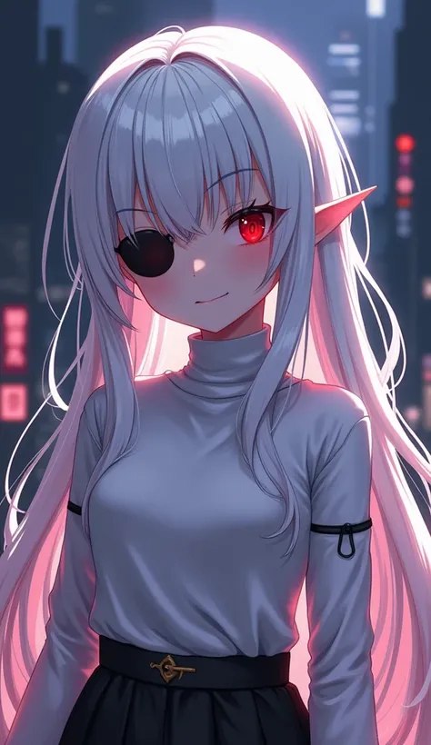 1girl, (solo), anime girl with long white hair and red eyes, girl with white hair, girl in white turtleneck, ((eyepatch)), pointed ears, ((vampire)), smirk, smug, closed mouth, cowboy shot, perfect white haired girl, white haired deity, digital cyberpunk a...