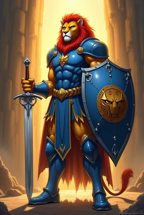 Lion,  the noble leader of the Thundera , descendant of his father , Cláudios,  appears as a fearless and honored warrior .  He wears shining blue armor ,  with the Eye of Thundera emblem ,  ultimate symbol of justice , true,  honor and loyalty ,  proudly ...