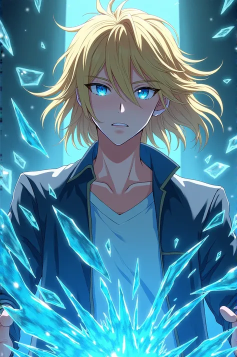  Anime character who dominates glass ,  bright blue eyes and blond hair, young man with a serious face 