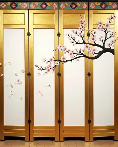 Front view of six traditional Japanese style gold leaf colored screens with large white areas, the tops of the screens depict a cherry blossom branch with flowers in full bloom, the branches are dotted with white and light pink cherry blossoms, and a few p...