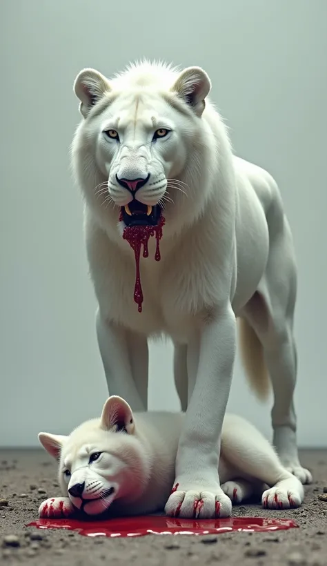 Image: A dead baby white wolf neck blood lies on the ground, and a dominant baby white lion mouth blood stands with one paw on top of the baby white wolf blood.