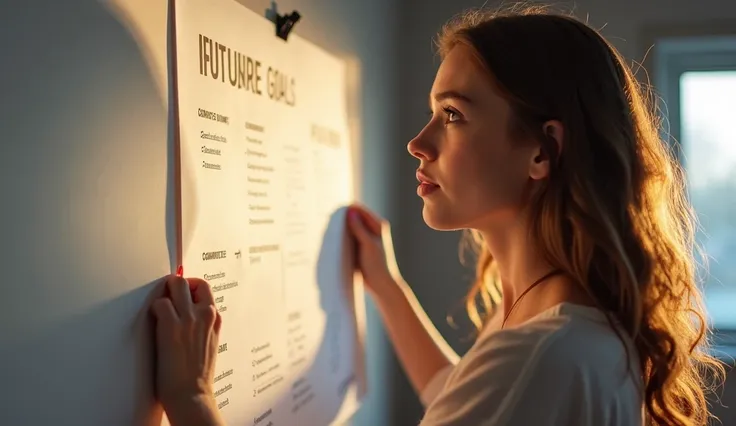 The young woman pins a large sheet of paper on the wall, filled with future goals. Her face is confident and determined. The lighting is warm but subtle, casting gentle shadows that emphasize her focus and commitment. The overall scene is motivating and as...