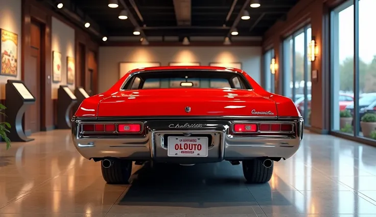 "Generate a photorealistic rendering of the rear view of the 1970 Chevrolet Impala in a striking Ember Red (Code 26) color, displayed inside a spacious, vintage-inspired showroom. The showroom should feature polished terrazzo or glossy tiled floors that re...