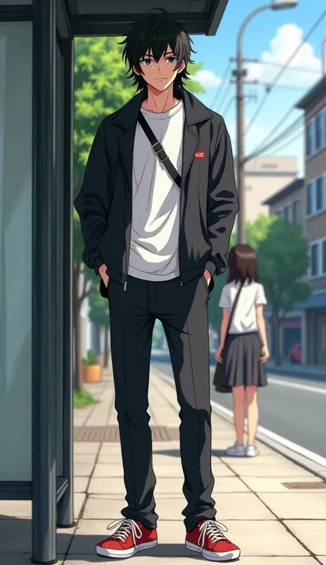  Realistic anime man 25s black hair random wearing a white t-shirt his jacket black . black trousers .red cats shoes  . standing while shading a woman aged 25 years old with wavy long hair wearing a white blouse ash skirt. bag in the sling white cats shoes...