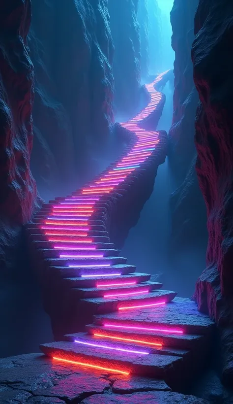 Generate an image of a staircase with steps that goes from the ground to the sky, make the image with a dark tone, but the staircase is highlighted with flashy colors