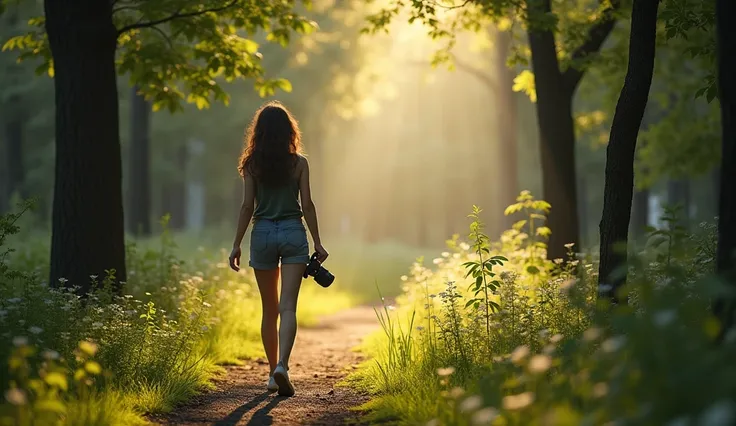 The young woman strolls through a small forest, listening to the birds singing and holding a camera to capture beautiful moments. The light filters softly through the trees, creating a serene and peaceful atmosphere. Shadows dance on the forest floor, addi...