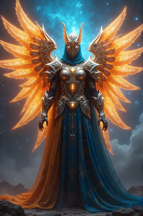 Create a multicolored gold and gemstone armor with thousands of wings and with colorful galactic fabrics 