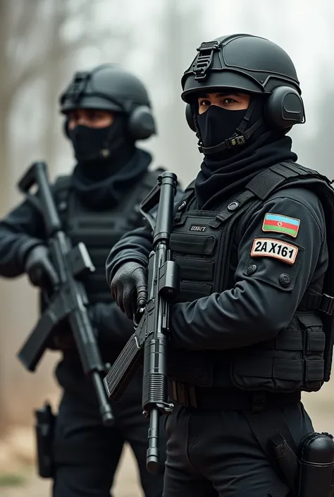   2 Azerbaijani soldiers with helmeted vests in black clothes and have m416 weapons əsgərlərin qolunda balaca  azərbaycan bayrağı olsun