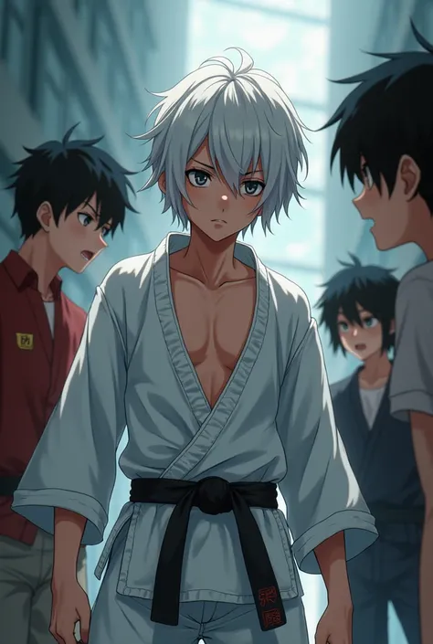 Sexy white haired anime boy wearing black karate gii being beaten up in school by bullies, his gii ripped open by bullies revealing his sexy v line abs, torturing him