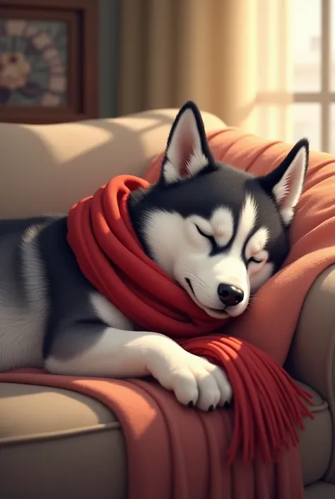 A Siberian Husky is found with a red scarf around his neck while sleeping on the couch. 