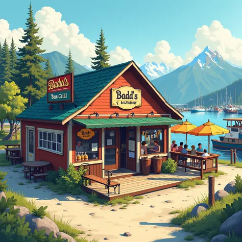 Illustration of an outside bar called Badds Bar and Grill in an Alaskan town but without snow as a side of a fishing port
