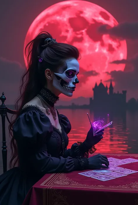 ((black pink woman)) with purple makeup,  steampunk style profile trim , sitting ,  Placing Cards on a Kabbalistic Table , half skull half face, Sugar Skull, Half a skull face ,  inspired by Izzy Medrano , ( masterpiece ,  best quality: 1.4), (absurdities,...