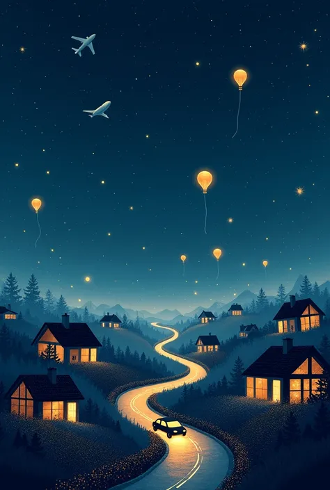 "A vast, starry night sky with thousands of twinkling stars scattered across a deep indigo background. Faint, glowing outlines of various travel icons such as airplanes, hot air balloons, and sailboats float softly in the distance, each surrounded by a sub...