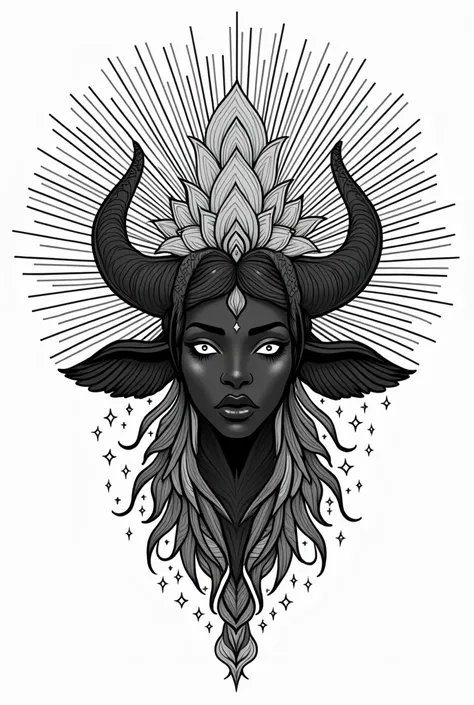  A line art style illustration with fine and detailed lines , representing Iansã , the Orisha of winds and storms. She is black and portrayed with a serene and powerful expression, with open eyes,  adorned with rays and natural elements . just the head of ...