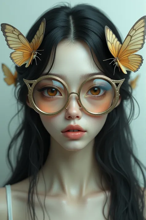  Tall woman long dark hair,  brown eyes,  light skin color , with big lenses and butterflies 