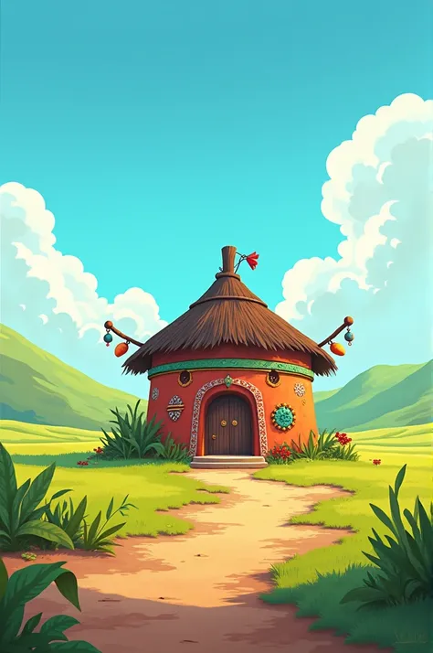  Cartoon of a house part of an indigenous people in the country of Bolivia. The house must be far away .  The design must be cartoon . bottomless.