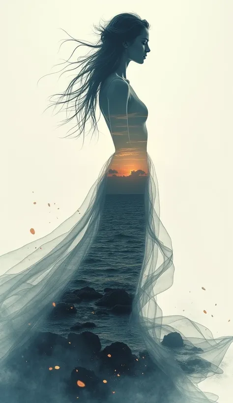  HIGH QUALITY, 8K ultra HD, Una hermosa double exposure que combina una silueta de diosa con la costa al atardecer,  the coast at dusk should serve as a backdrop ,  with its details incorporated in the goddess , sharp lines, The background is monochrome,  ...