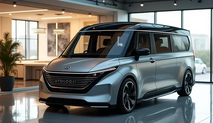 Realistic of futuristic 2025 kia camper van With modification, good looking, neat color, front side angle view, inside a luxury showroom