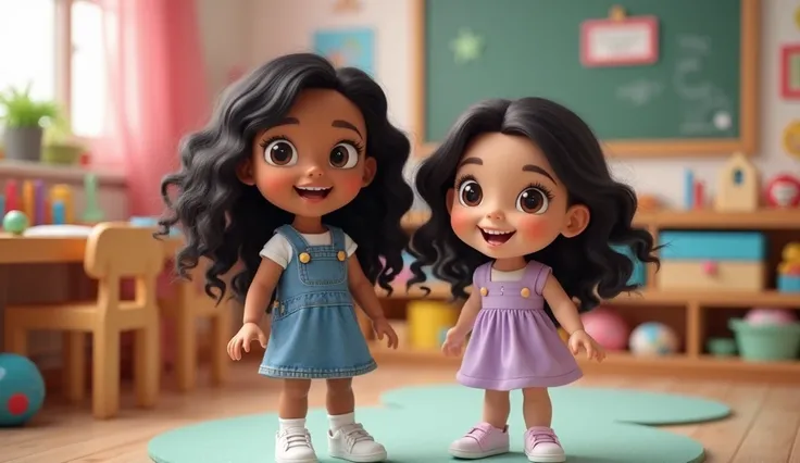 In a colorful classroom setting, with toys and educational elements in the background, Luísa and Beatriz are smiling at the camera. Luísa, , light skin, long black wavy hair, wearing a denim dress and white sneakers. Beatriz, , light skin, medium black sli...