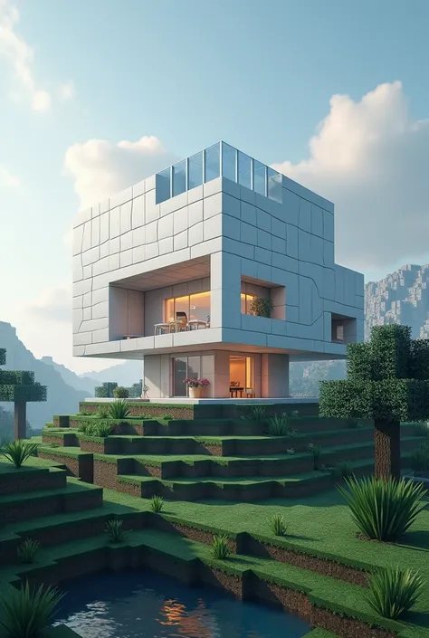 Draw a small house in the style of the future that is built in a cubic minecraft game 