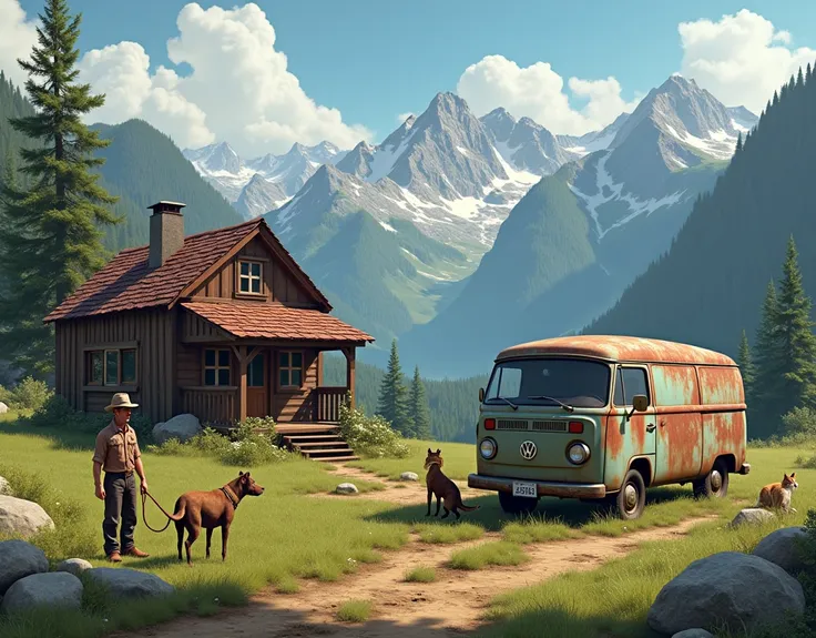  Mountain cabin with old van and a farmer, dog and cat marked as puzzles 