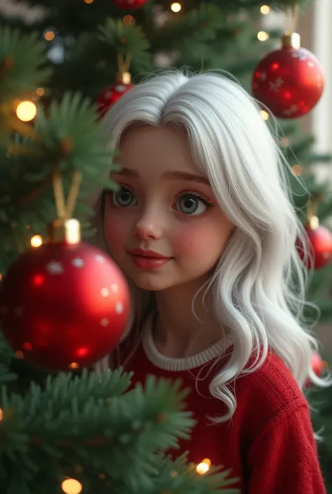 red Christmas sphere,  to decorate Christmas tree , with a young white-haired teenager, grey eyes,  brown skin 