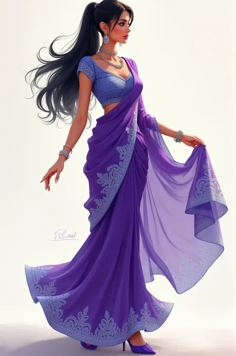 A fair skin black hair ponytail lady animation in sequien jarjet purple saree with blue embroidary lace with glitter blouse wearing heels